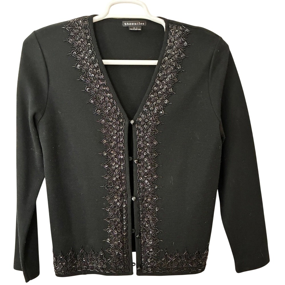 Theo Miles Cardigan Women M Black Beaded Sequin Vintage V-Neck Evening Sweater